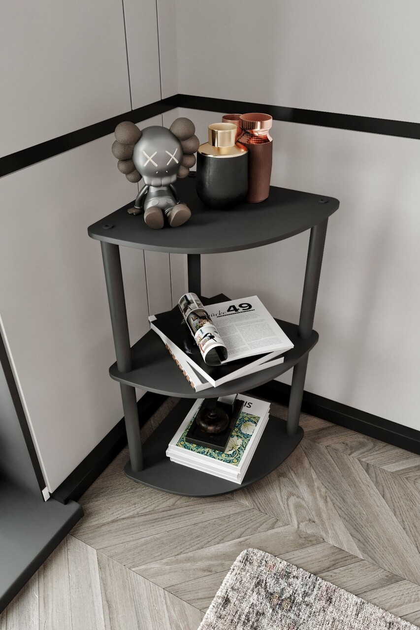Corp biblioteca, Hanah Home, Bookcase 3-Tiers Corner, 34x72x34 cm, MDF , Negru - imagine 3